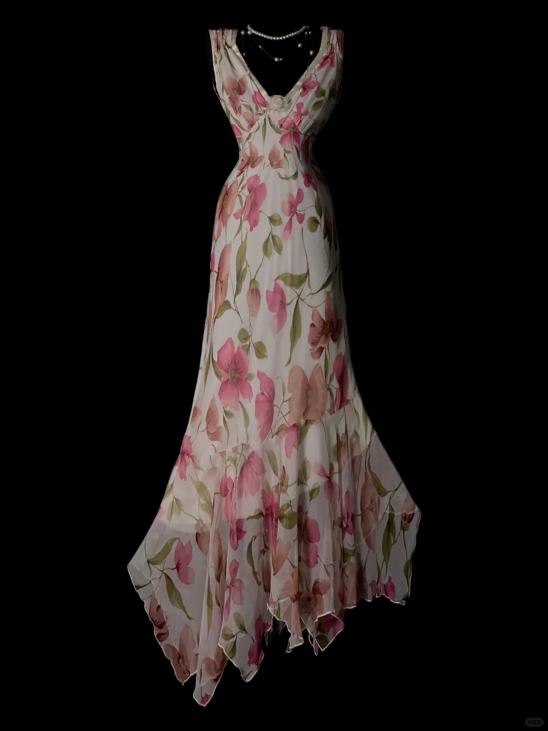Vintage Pink Floral Chiffon Evening Gown, V‑Neck Sleeveless, 3D Flower Appliqué On Bust, Fitted Waist, Asymmetric Hanky Hem Mermaid Dress, Romantic Prom Party Gown gh8893