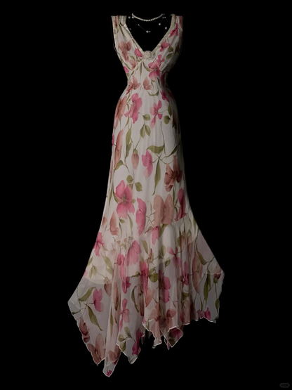 Vintage Pink Floral Chiffon Evening Gown, V‑Neck Sleeveless, 3D Flower Appliqué On Bust, Fitted Waist, Asymmetric Hanky Hem Mermaid Dress, Romantic Prom Party Gown gh8893