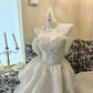 Light Grey Off-the-Shoulder Cinched Waist Tiered Skirt Long Romantic Dress, Wedding Gown gh7785