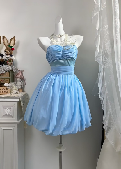 Light Blue Strapless Homecoming Dress Ruched Bodice Puff Bubble Skirt Short Cocktail Gown gh9402