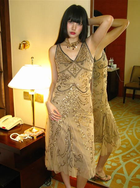 Light Brown V-Neck Fitted Waist Sequin Vintage Exquisite Prom Gown, Evening Party Dress gh8367