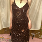 Dark Brown Vintage Luxury Beaded Spaghetti Strap Fitted Waist Prom & Evening Party Dress gh8423