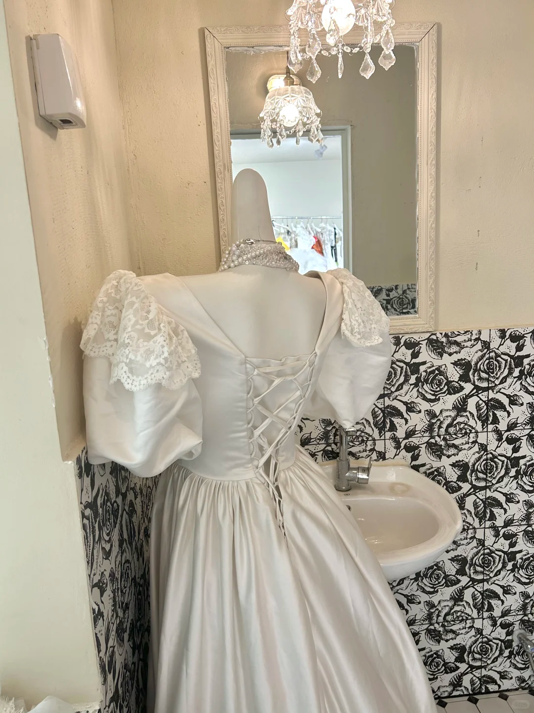White Vintage Satin Puff Sleeve Cinched Waist Long Lace Skirt Romantic Dress, Wedding Gown gh7807