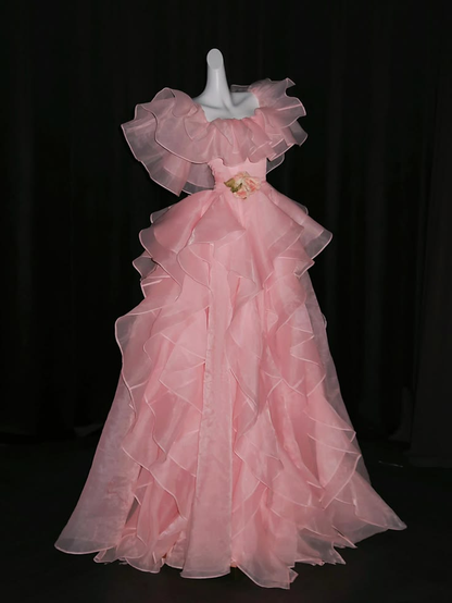 ✨Girlhomeshops-Pink Tiered Ruffle Organza Ball Gown Off Shoulder Prom Dress gh10191