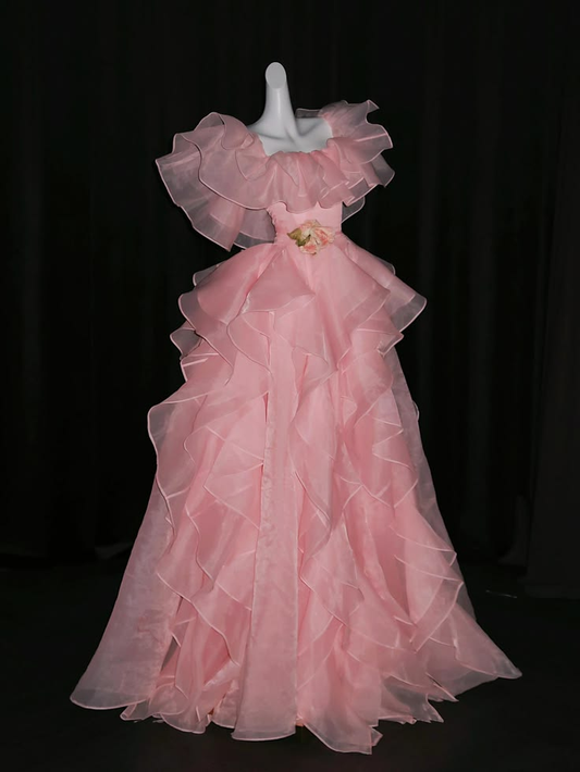 ✨Girlhomeshops-Pink Tiered Ruffle Organza Ball Gown Off Shoulder Prom Dress gh10191