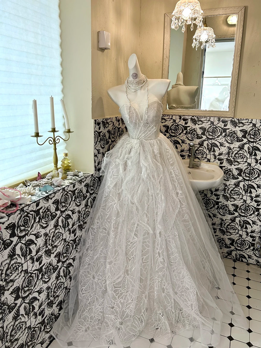 Light Grey Strapless Waist-Cinched Embroidered Beaded Luxury Vintage Romantic Dress, Wedding Gown gh7578