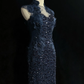 High Neck Navy Blue Mermaid Evening Gown Sleeveless Mesh 3D Floral Lace Sequined Formal Dress for Prom gh9537