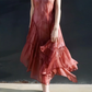 Dusty‑Rose Tie‑Dye Slip Midi Gown, V‑Neck Thin Spaghetti Straps, Flowy Chiffon Fabric, Asymmetrical Diagonal‑Cut Ruffle Skirt, Uneven Hanky Hem, Draped Crinkle Texture, Bohemian Vacation Photoshoot Evening Dress gh8859