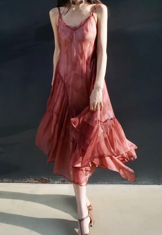 Dusty‑Rose Tie‑Dye Slip Midi Gown, V‑Neck Thin Spaghetti Straps, Flowy Chiffon Fabric, Asymmetrical Diagonal‑Cut Ruffle Skirt, Uneven Hanky Hem, Draped Crinkle Texture, Bohemian Vacation Photoshoot Evening Dress gh8859