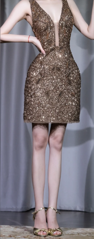 ✨Girlhomeshops-Deep V Sequin Mini Dress, Gold Full Beaded Sleeveless Bodycon Evening Gown gh9942