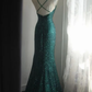 Emerald Green Spaghetti Strap Sequin Mermaid Evening Gown, Square Neck Side Ruched Fitted Long Prom Dress gh9126