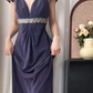 Navy‑Blue‑Vintage‑Gown Deep‑V‑Neck Sequin‑Cap‑Sleeves Silver‑Grey‑Beaded‑Waist‑Sash Gathered‑Draped‑Bust Matte‑Crinkled‑Fabric Fitted‑Mermaid‑Floor‑Length‑Evening‑Prom‑Dress gh8835