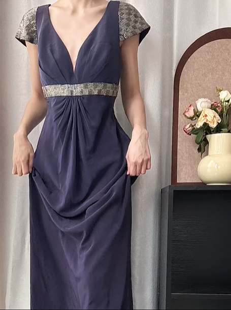 Navy‑Blue‑Vintage‑Gown Deep‑V‑Neck Sequin‑Cap‑Sleeves Silver‑Grey‑Beaded‑Waist‑Sash Gathered‑Draped‑Bust Matte‑Crinkled‑Fabric Fitted‑Mermaid‑Floor‑Length‑Evening‑Prom‑Dress gh8835