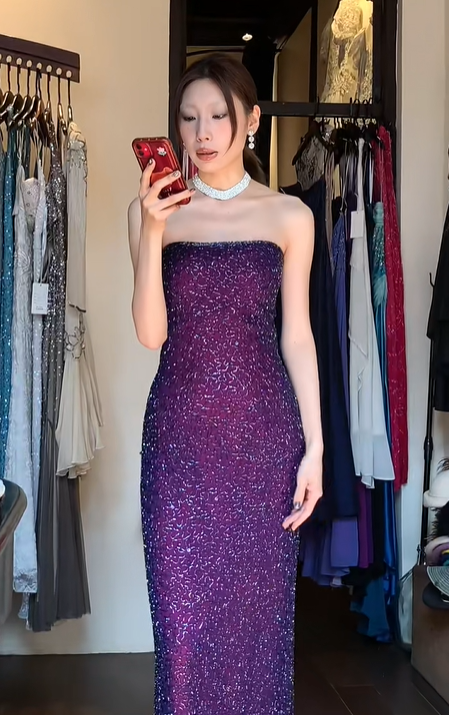Strapless Ombre Purple Blue Fully Sequin Fitted Sheath Long Evening Prom Dress gh9769