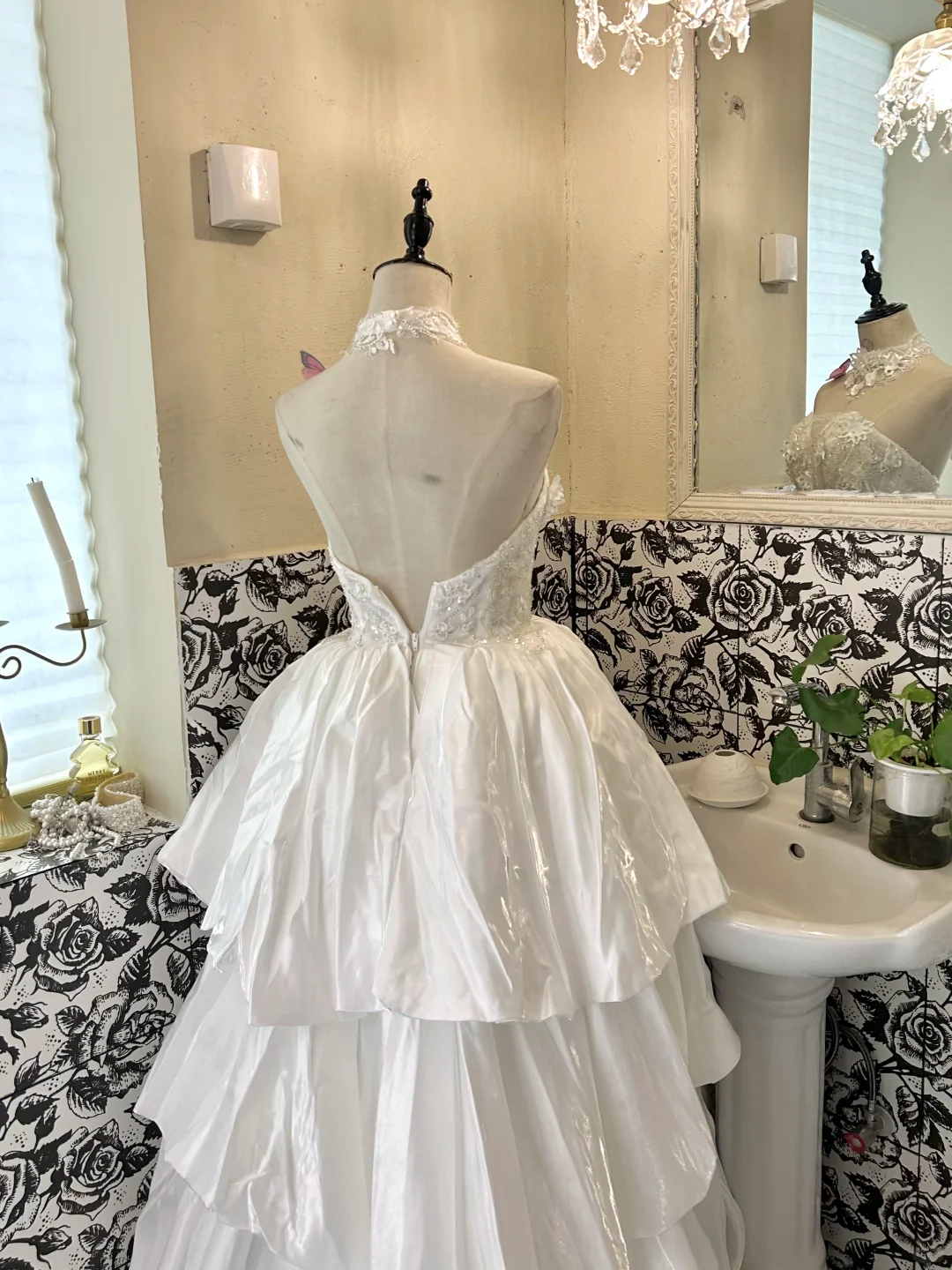 White Strapless Waist-Cinched Voluminous Tiered Skirt Classic Romantic Dress, Wedding Gown gh7660