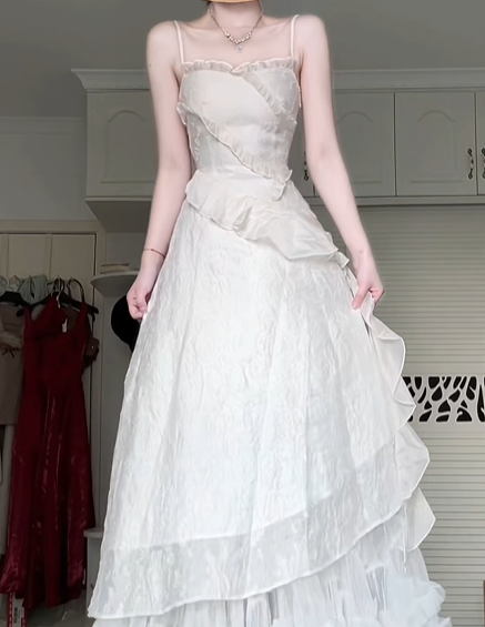 Off‑White Spaghetti Strap Long Evening Gown, Irregular Ruffled Asymmetrical A‑Line Formal Prom Dress gh9036