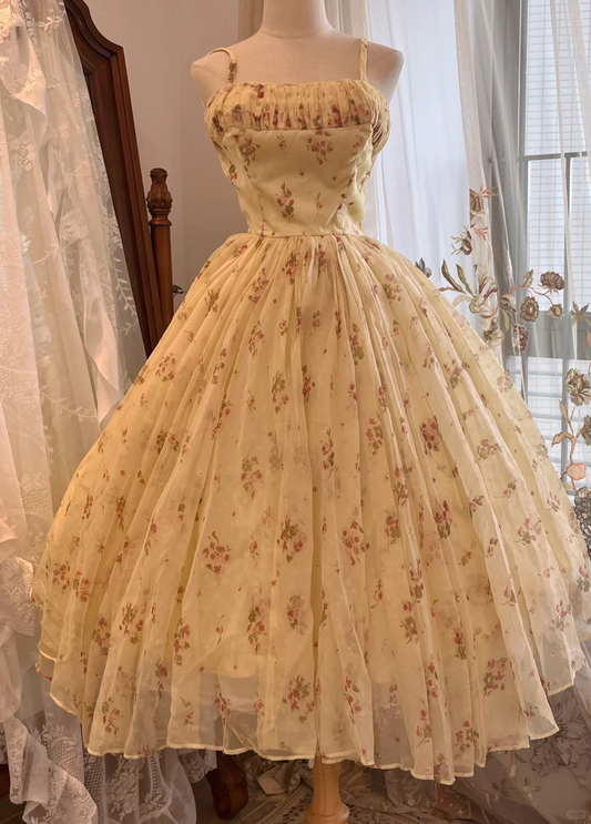 Pale Yellow Ditsy Floral Spaghetti Strap A-Line Vintage Midi Prom Dress gh9341