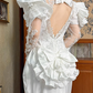 White Vintage Satin Mermaid Wedding Gown, Illusion Boat Neck Lace, Long Lace Sleeves With Large Ruffle Shoulder Accents, Lace Beaded Appliqué, Multi‑Tier Ruffle Mermaid Train, Prom Dress gh8642