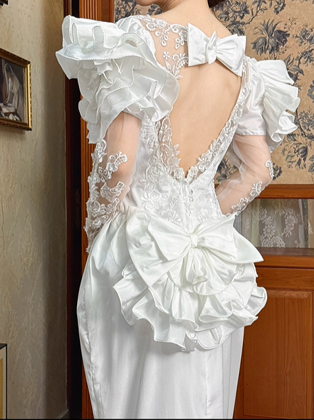 White Vintage Satin Mermaid Wedding Gown, Illusion Boat Neck Lace, Long Lace Sleeves With Large Ruffle Shoulder Accents, Lace Beaded Appliqué, Multi‑Tier Ruffle Mermaid Train, Prom Dress gh8642