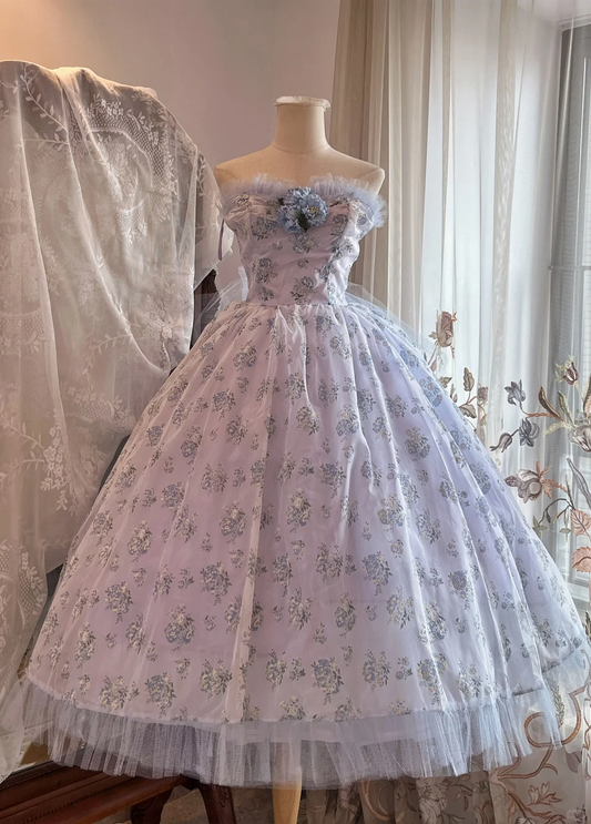 Lavender Floral Print Strapless Vintage Midi Ballgown, Off Shoulder Tulle Party Dress gh9333
