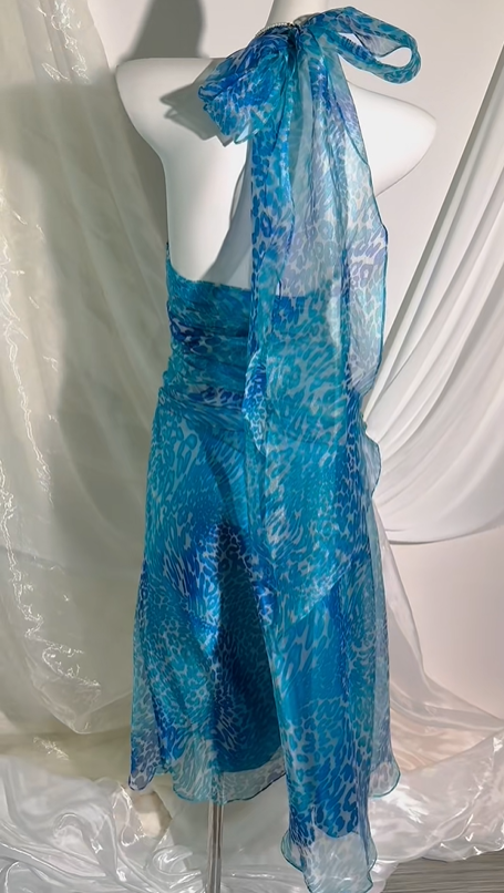 Blue Floral Print Halter Fitted Waist Slim Bodycon Sexy Prom Gown, Evening Party Dress gh8554