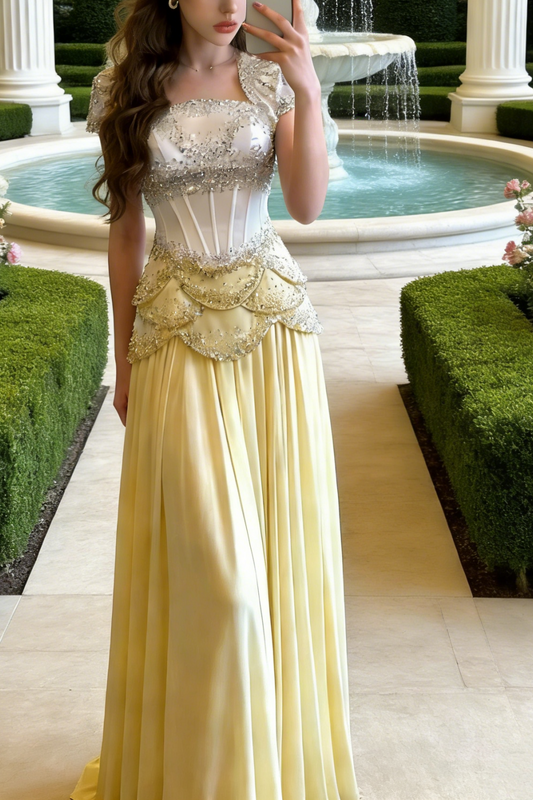 Opera Aesthetic White-Yellow Crystal Gown - Opera Style Corset Ruffled Beaded Satin Maxi Dress gh6983