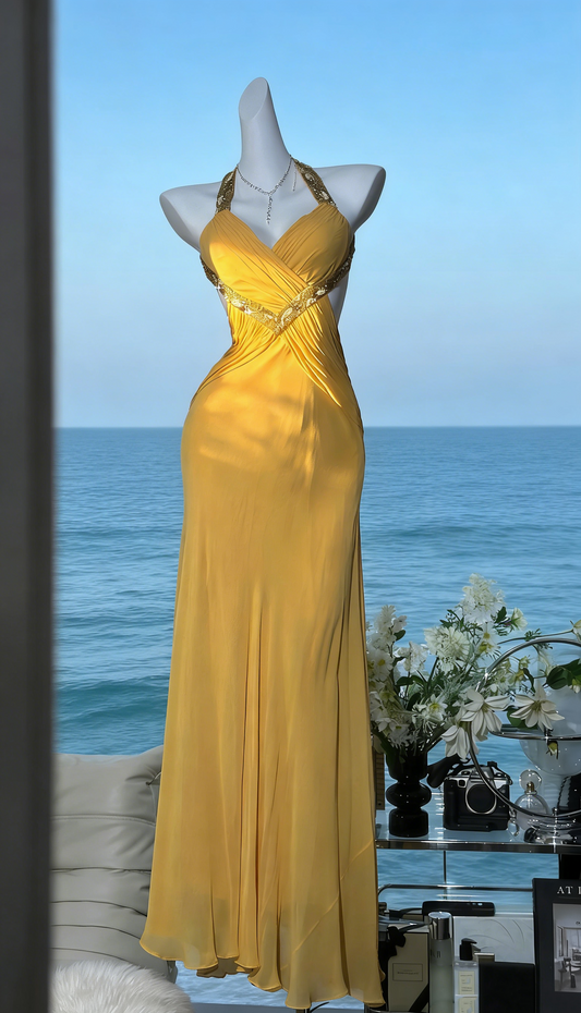 Bright Yellow Satin Halter Gown - Sequin Embellished Backless Slim Evening/Red Carpet/Summer Party Maxi Dress gh6984