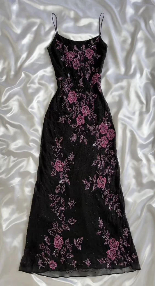 Black Retro Elegant A-line Strap Long Lace prom dress Evening Dress Birthday Party Dress gh3154