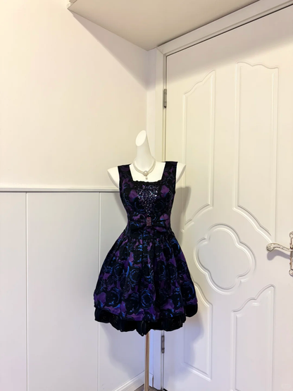 Purple‑Black Rose Jacquard Sleeveless Short Cocktail Dress, Square Neck Sequin Bodice Bow Waist Homecoming Party Gown gh9179