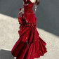 Robe de soirée élégante et délicate, bordeaux, bretelles spaghetti, longue, volantée, en velours, gh4170