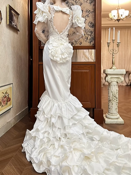 White Vintage Satin Mermaid Wedding Prom Dress, Bateau Neck Illusion Sweetheart, 3D Floral Shoulder, Single Lace Long Sleeve, Multi‑Tier Ruffled Cake Train gh8687