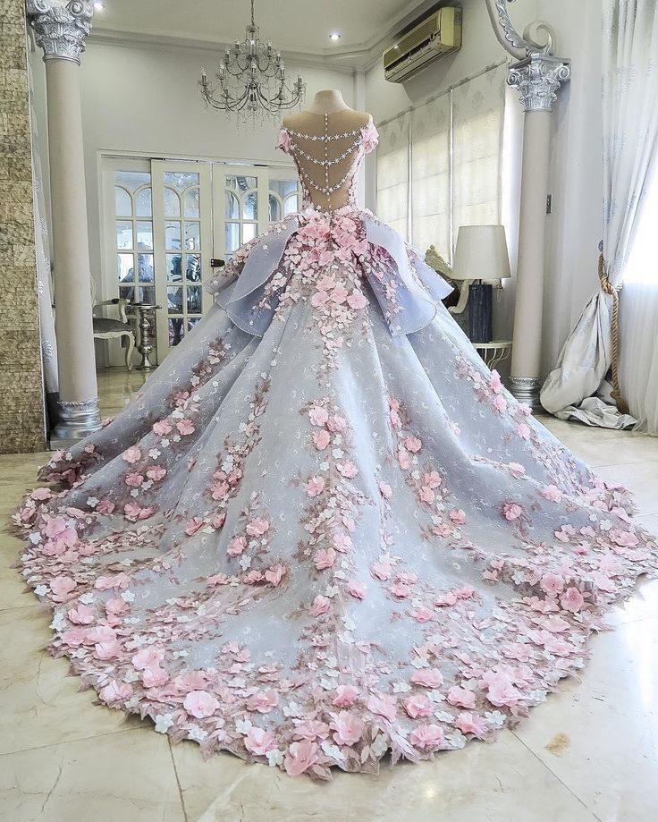 Pink Gorgeous Exquisite Floral Applique Long Tulle Ball Gown Evening Gown Wedding Dress gh3327