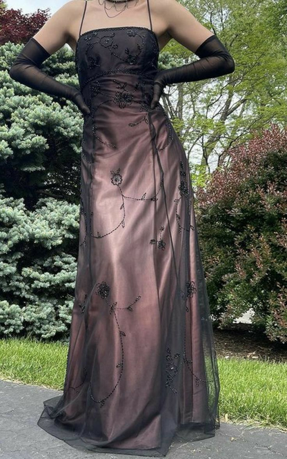 ✨Girlhomeshops-Black Sheer Tulle Floral Beaded Spaghetti Strap A Line Gothic Formal Prom Gown gh10262