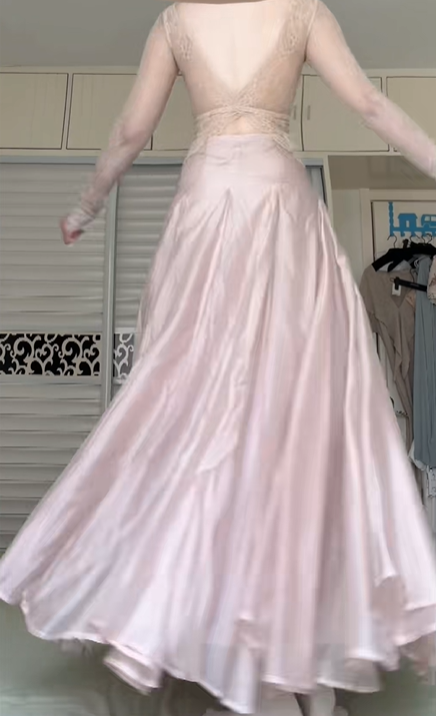 Champagne Pink Two‑Piece Long Prom Gown, Lace Square Neck Long‑Sleeve Top, Satin Bust Cups, Sheer Floral Lace Waist, High‑Waist Shiny Satin Floor‑Length Skirt, Formal Evening Dress gh8930