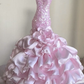 Light Pink Sequined Strapless Waist-Cinched Mermaid Flared Skirt Evening Dress, Fairy Gown, Romantic Gown gh7460