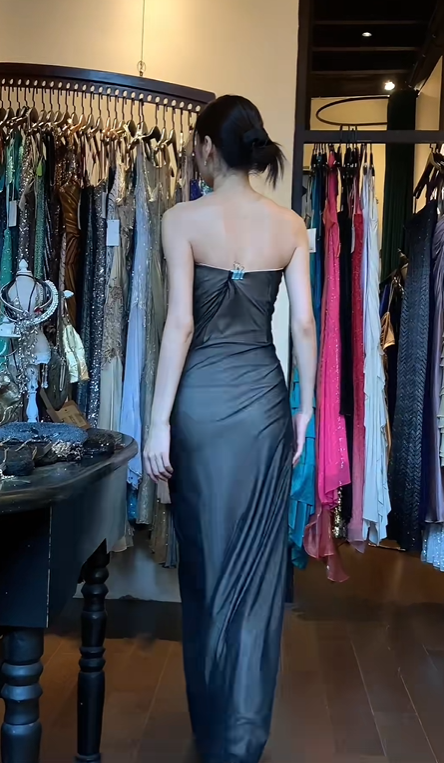 Strapless Black Tulle Evening Gown Silver Floral Beaded Embroidery Ruched Long Prom Dress gh9690