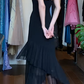 Black Double Strap Long Formal Gown 3D Floral Beaded Asymmetrical Ruffle Mermaid Dress gh9637