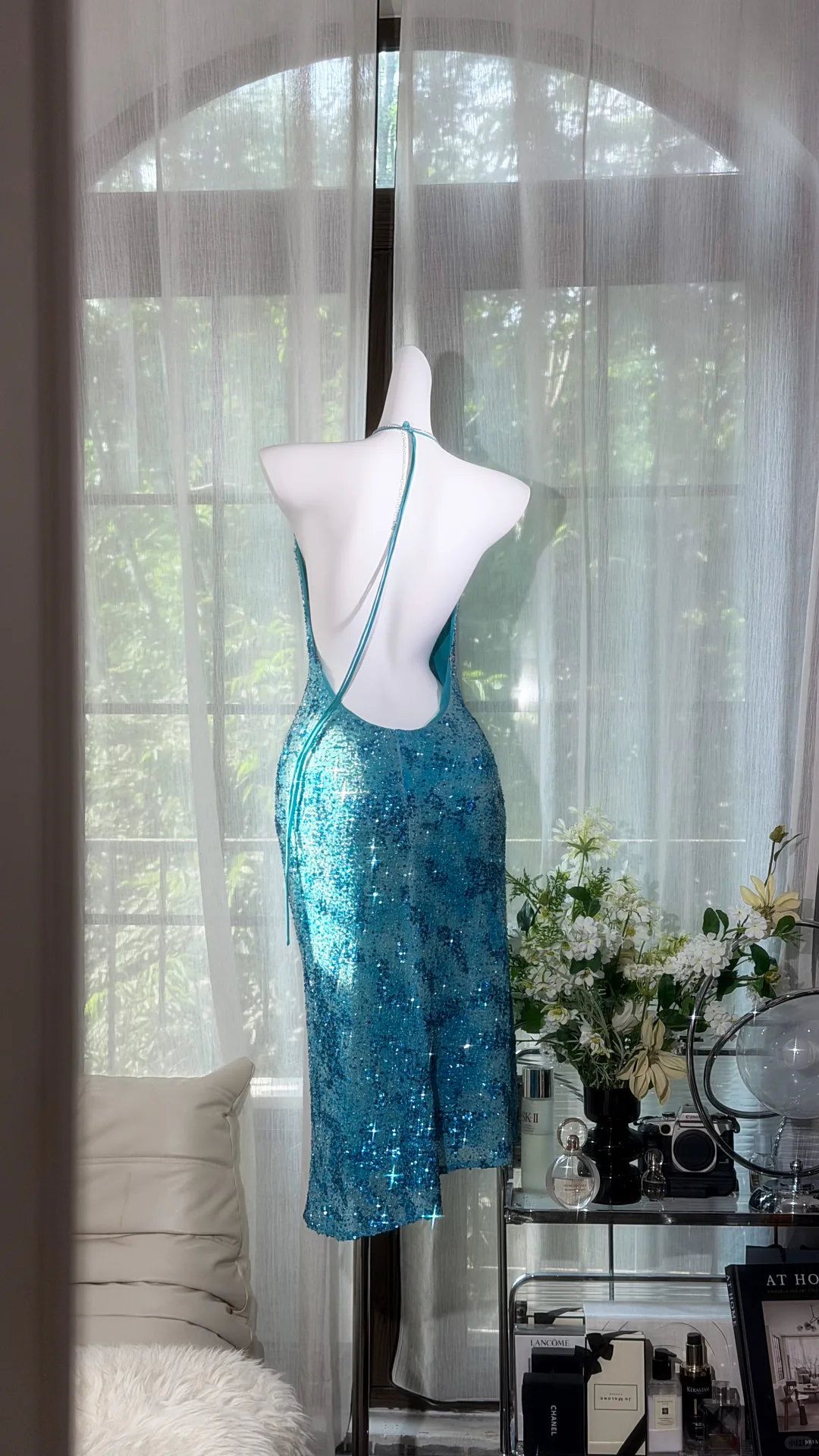 Turquoise Thin Halter Strap Sequin Midi Bodycon Evening Dress, Party Prom Gown gh9513