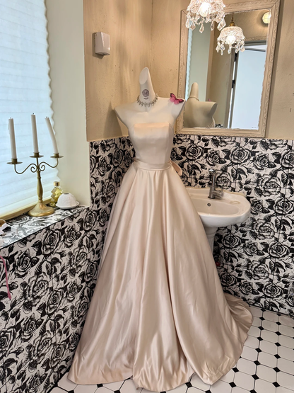 Blush Pink Minimalist Strapless Waist-Cinched Full Flared Long Fairy Romantic Dress, Wedding Gown gh7564