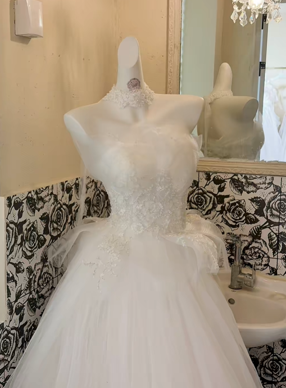 White Strapless Cinched Waist Voluminous Skirt Minimalist Elegant Romantic Dress, Wedding Gown gh7819