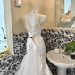 White Sleeveless Waist-Cinched Slim Fit Mermaid Long Romantic Dress, Wedding Gown gh7628