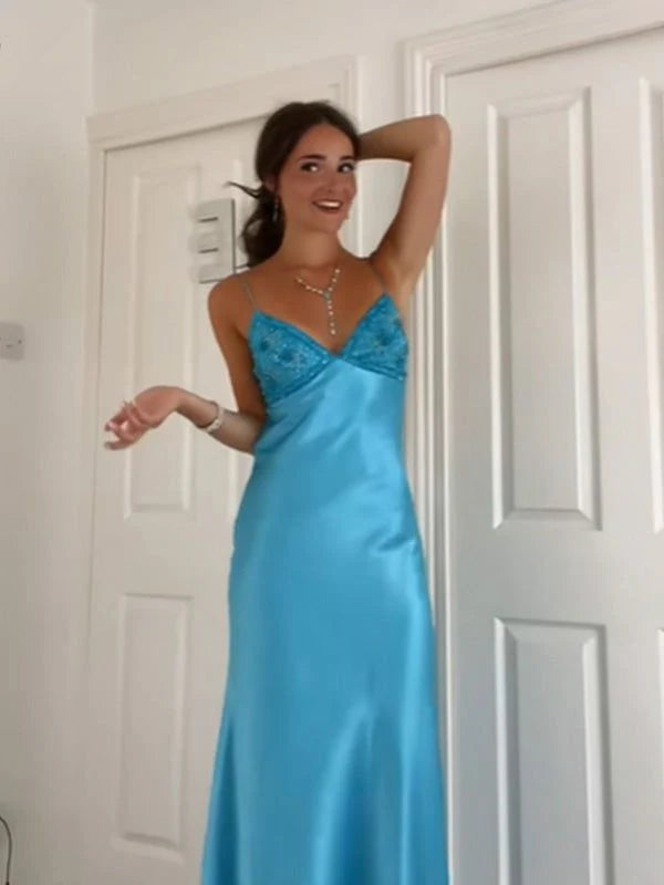 Blue Beaded Sequined Long Evening Gown Prom Dress Party Dress gh3040