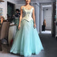 Hellblaues Vintage-Mode, exquisites Perlen-Spaghettiträger-Lang-Tüll-Ballkleid, Abendkleid für den Abschlussball, gh3668