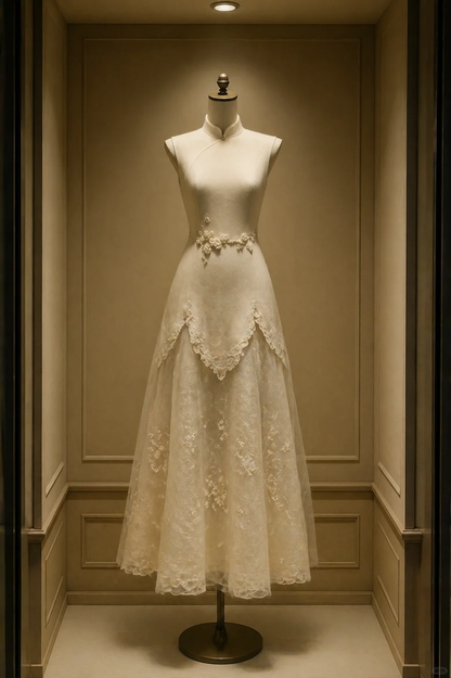 ✨Girlhomeshops-Double Layer Lace Embroidery A-Line Ivory Qipao Cheongsam Wedding Dress gh10479