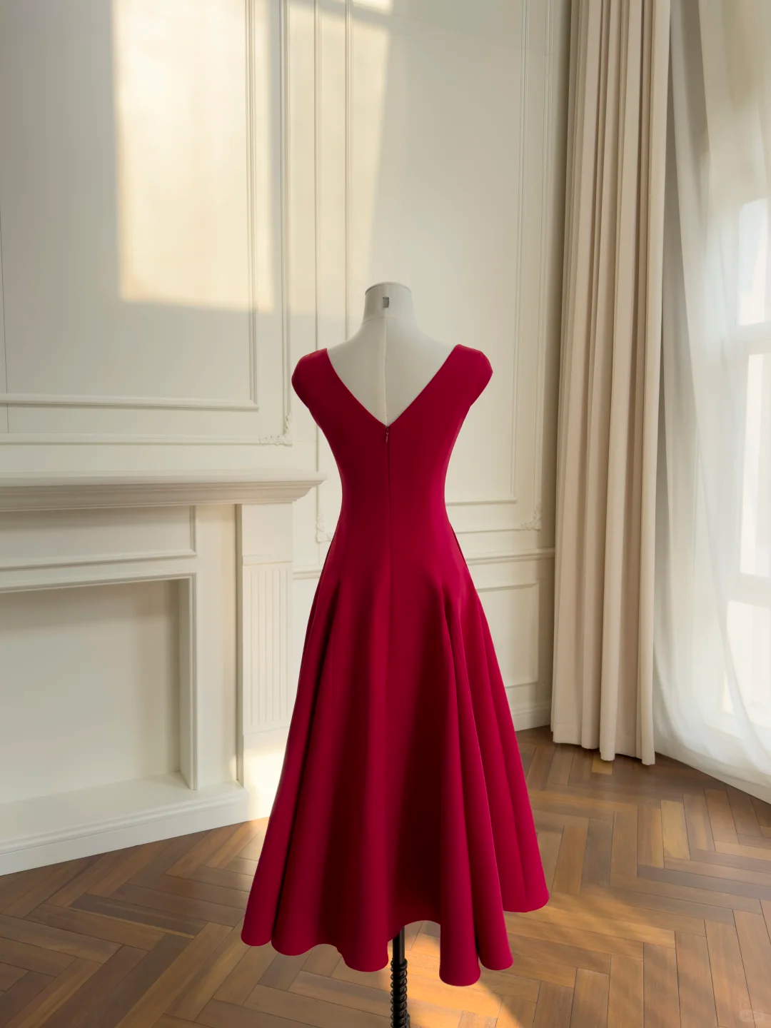 Burgundy Square Neck Cap Sleeve Midi Evening Gown, Fitted Waist, Full A‑Line Swing Skirt, Matte Crepe Formal Party Prom Dress gh8922