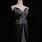 ✨Girlhomeshops-Black Spaghetti Strap Sequin Floral Gown Asymmetrical Ruffle Hem gh10146