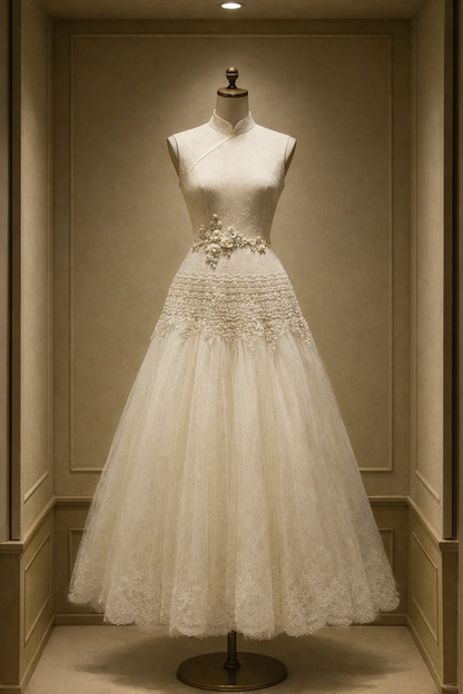 ✨Girlhomeshops-Ivory Sleeveless Qipao Lace A-Line Midi Wedding Dress with 3D Floral gh10523