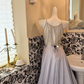 Dusty Lavender Halter Multi-Layer Beaded Chain Waist-Cinched Full Flared Long Romantic Dress, Wedding Gown gh7568