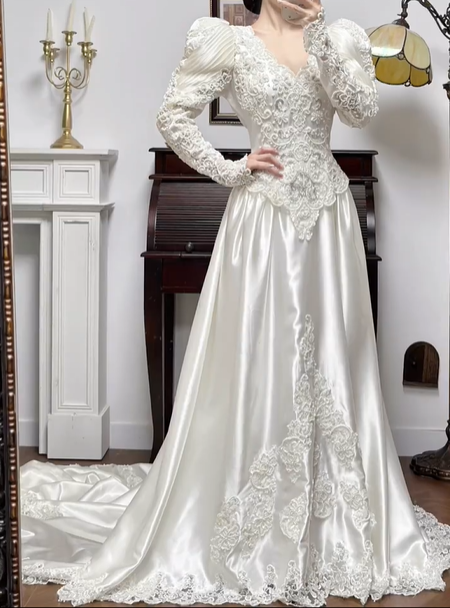 Ivory Vintage Satin Wedding Gown, V‑Neck, Vintage Leg‑of‑Mutton Puff Long Sleeves, Exquisite Lace Appliqués Fitted Waist, Satin Full‑Skirt With Long Train, Lace Trim On Hem, Bridal Prom Dress gh8758