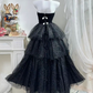 Black Velvet Long Evening Gown, Strapless Bodice Multi-Layer Glitter Tulle Cake Skirt Princess Prom Dress gh9278
